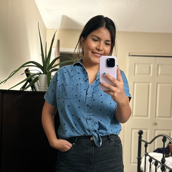 Madewell denim short sleeve tie front shirt heart print size XS extra small - Picture 3 of 14